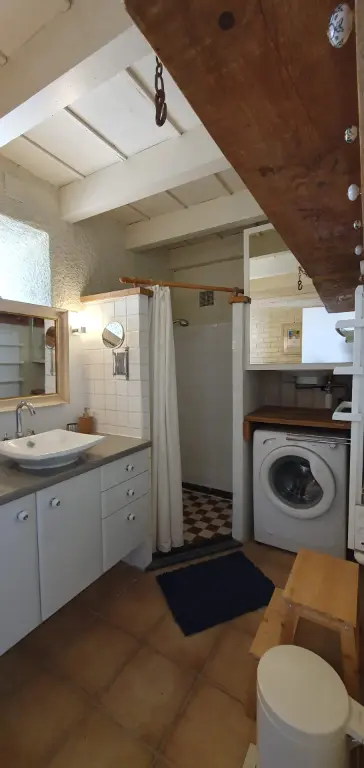 Badkamer met wastafel, scheerspiegel, douche, wasmachine, handdoekverwarming.