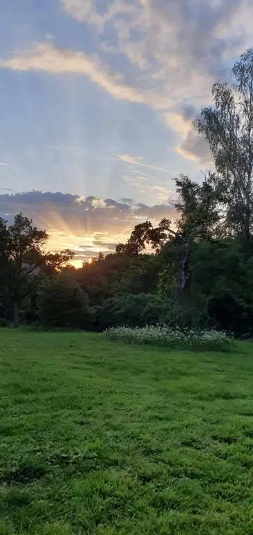 Een zonsondergang gezien vanuit de tuin.