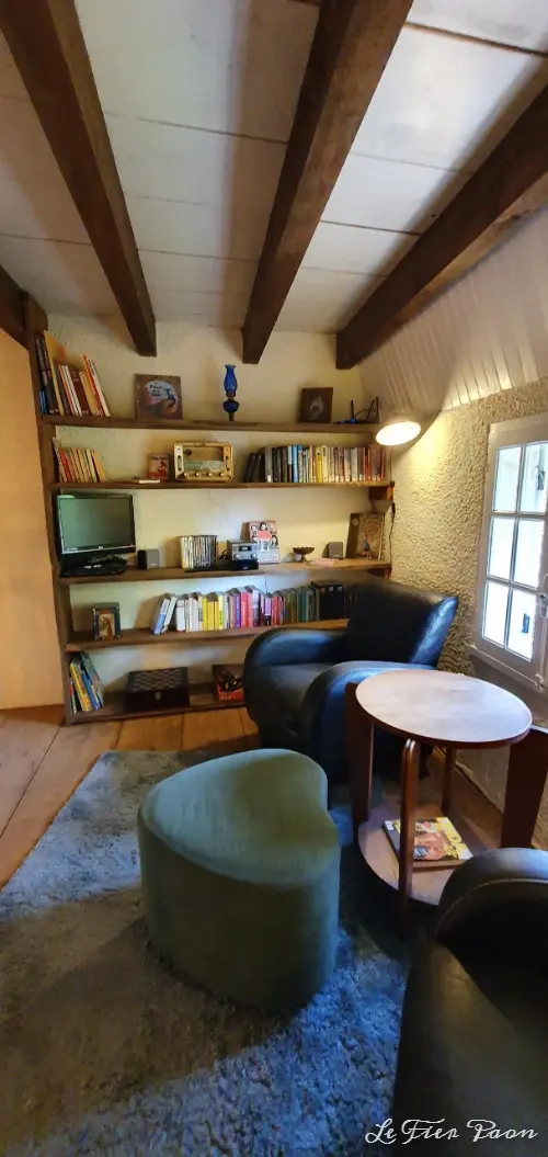 Vide met boekenkast en een kleine flat screen met twee heerlijk fauteuils bij vakantiehuis Le Fier Paon.