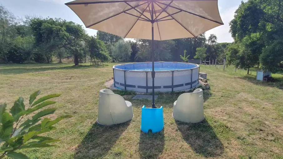 Zwembad in de grote tuin met zitje en parasol.